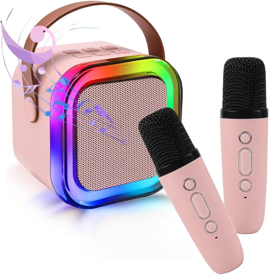 SUIJIEEN Karaoke Machine Bluetooth Portable Speaker with 2 Wireless Microphones LED Lights Birthday Gifts for Kids Adults Ages 4-12 Family Party（White）