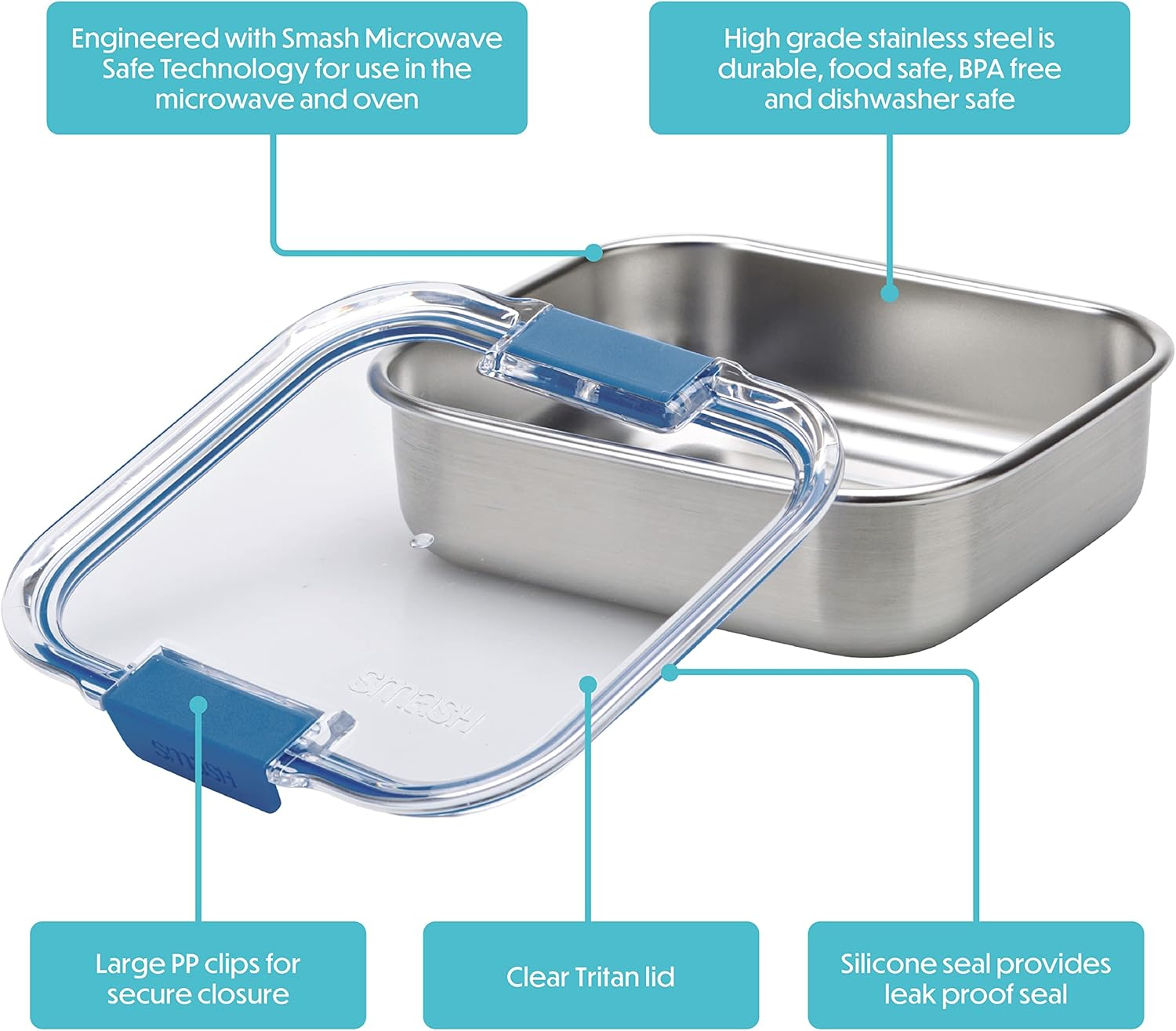 Smash Microwave Safe Stainless Steel Lunch/Meal Box, Blue image number 3