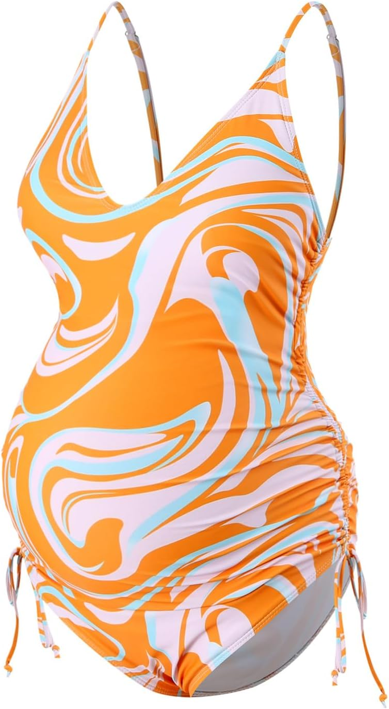 Maternity Swimsuit, Orange Swirl Pattern, V-Neck One-Piece with Ruched Sides image number 5