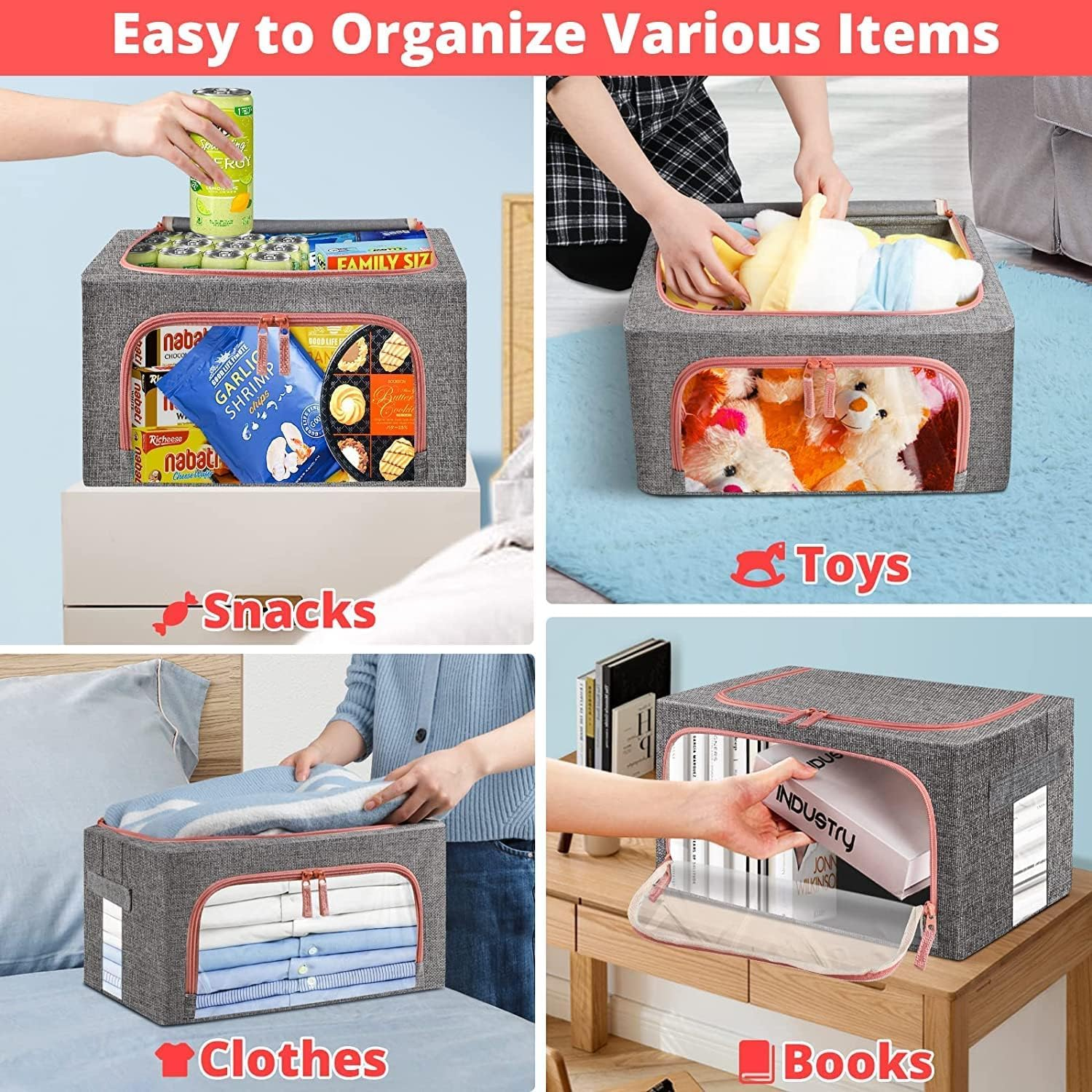 Clothes Storage Bins Box - 2 Pack 22L Cotton and Linen Foldable Stackable Container Organizer Set with Clear Window & Carry Handles & Metal Frame - Large Capacity for Bedding, Blankets, Toys, Books