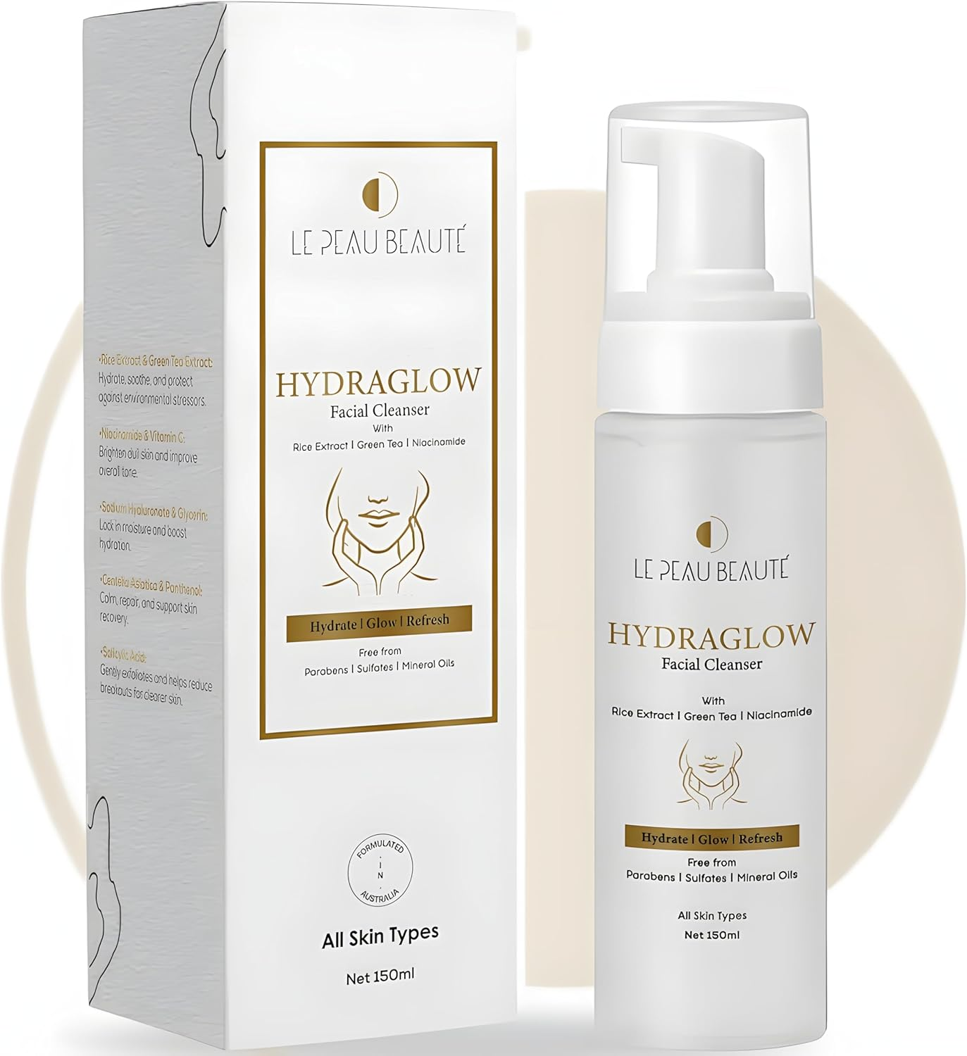 Le Peau Beaut&eacute; Hydra Glow Cleanser &ndash; Hydrating Face Wash with Rice Extract, Green Tea & Niacinamide for Radiant Skin. Gently Exfoliates with Salicylic Acid, Soothes & Repairs with Centella & Panthenol &ndash; Daily Use. image number 1