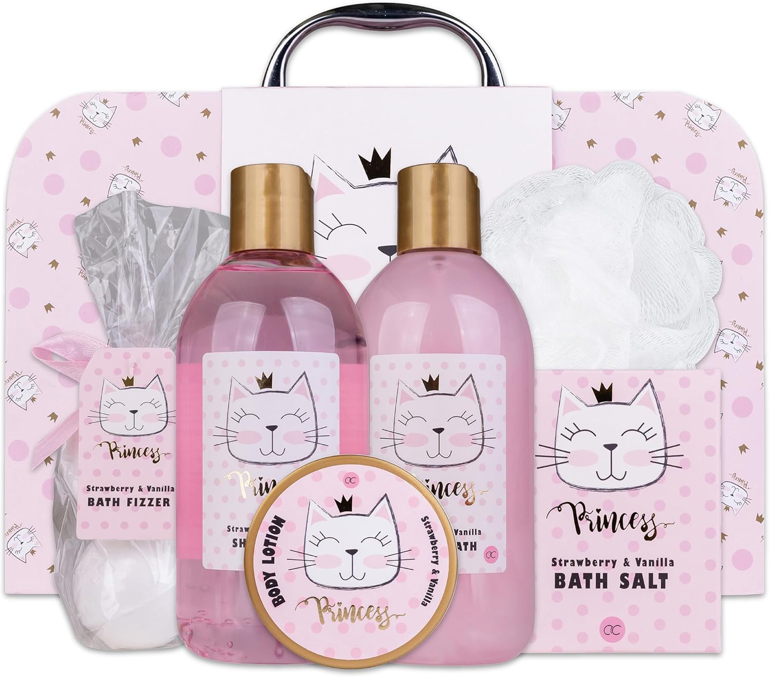 Accentra Princess Kitty Gift Set for Girls & Women - 7-Piece Shower Set with Bubble Bath, Bath Bombs, Shower Gel, Body Lotion & More - Care Set with Strawberry & Vanilla Fragrance in Cute Paper Case image number 1