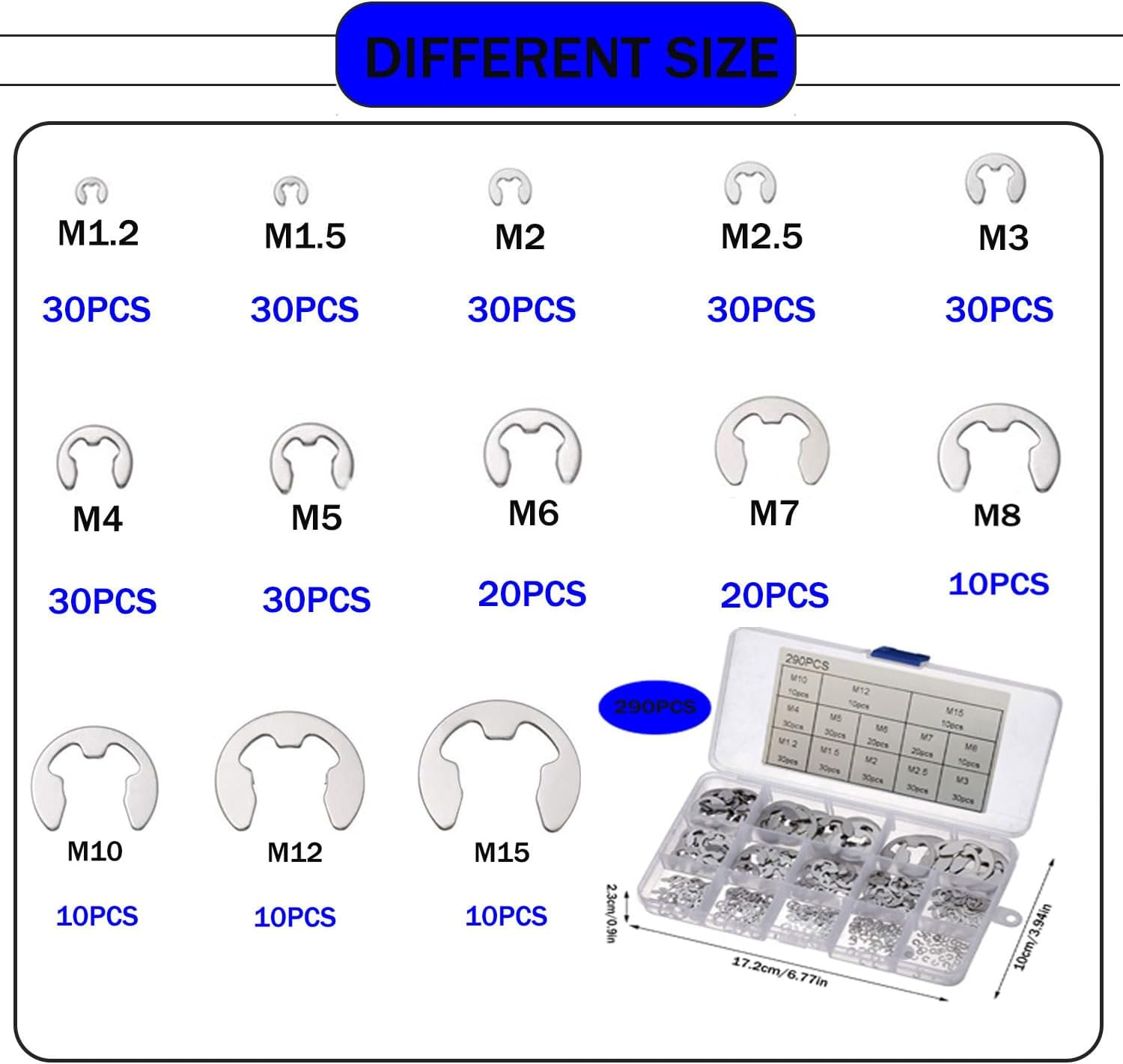 290Pcs 304 Stainless Steel E-Clip Assortment Kit, External Retaining Ring Assortment Set, Snap Ring Clip, 13 Sizes 1.2-15Mm E Circlip Retainer Rings for Bearings, Gears, Pulleys and Axles image number 1