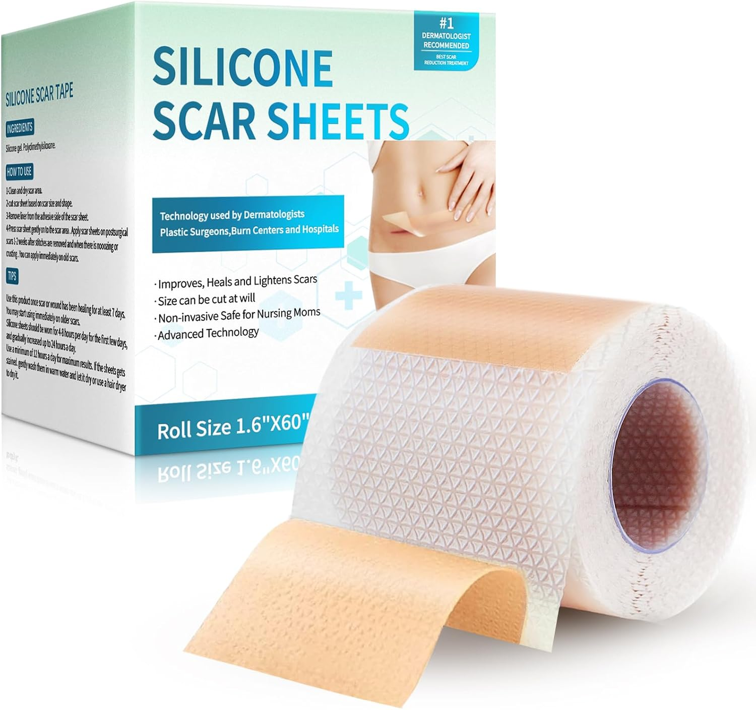 Silicone Scar Sheets, Silicone Scar Tape(1.6&rdquo;X 60&rdquo; Roll-1.5M), Silicone Scar Strips, Professional Scar Removal Sheets for Surgical Scars, Keloid, C-Section, Burn Et image number 4
