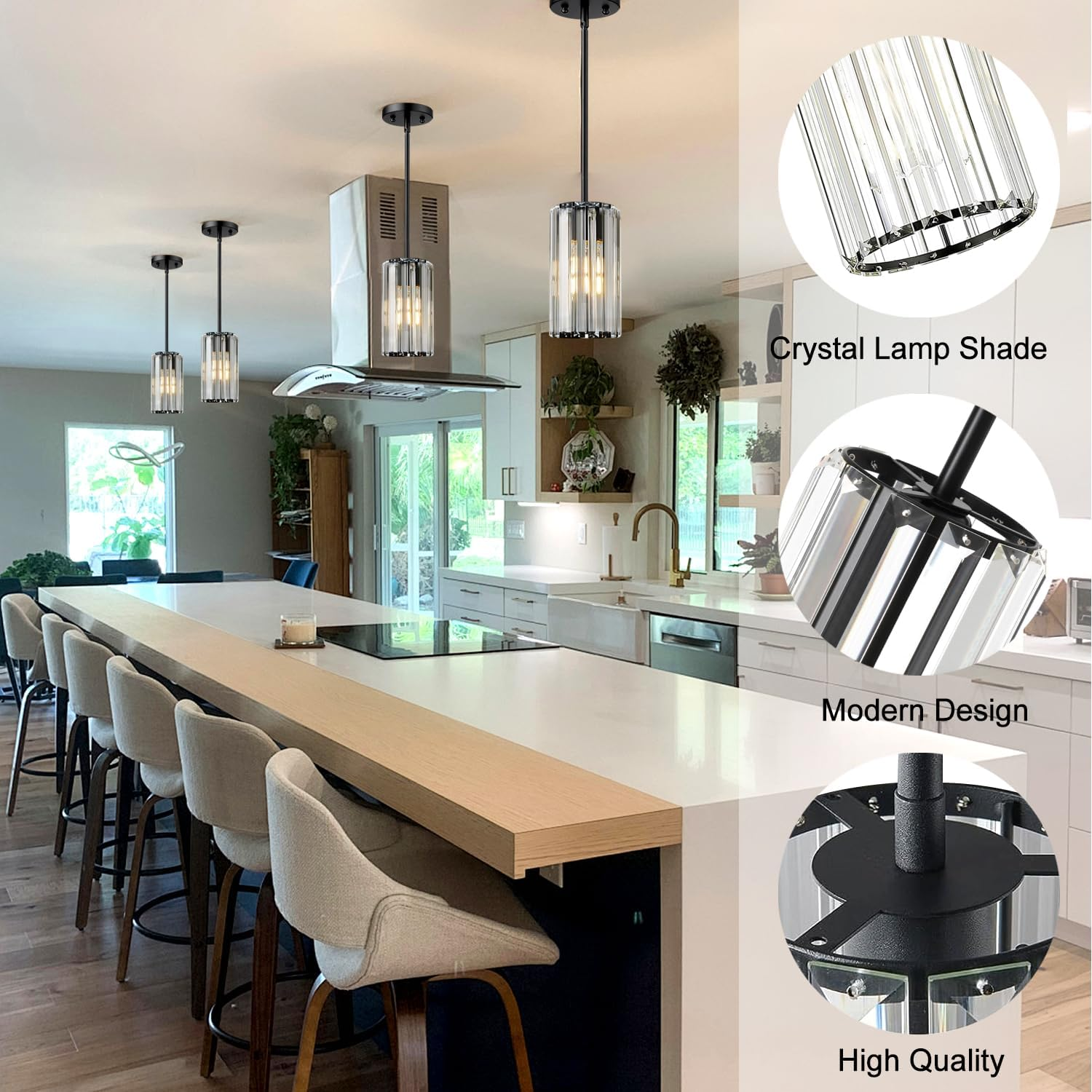 Mlihove Pendant Light Kitchen 1-Light, Crystal Pendant Lighting Black Island Light Fixture Hanging Adjustable, Modern Pendant Lights Chandelier for Dining Room, Kitchen Island, Entryway, Hallway image number 1