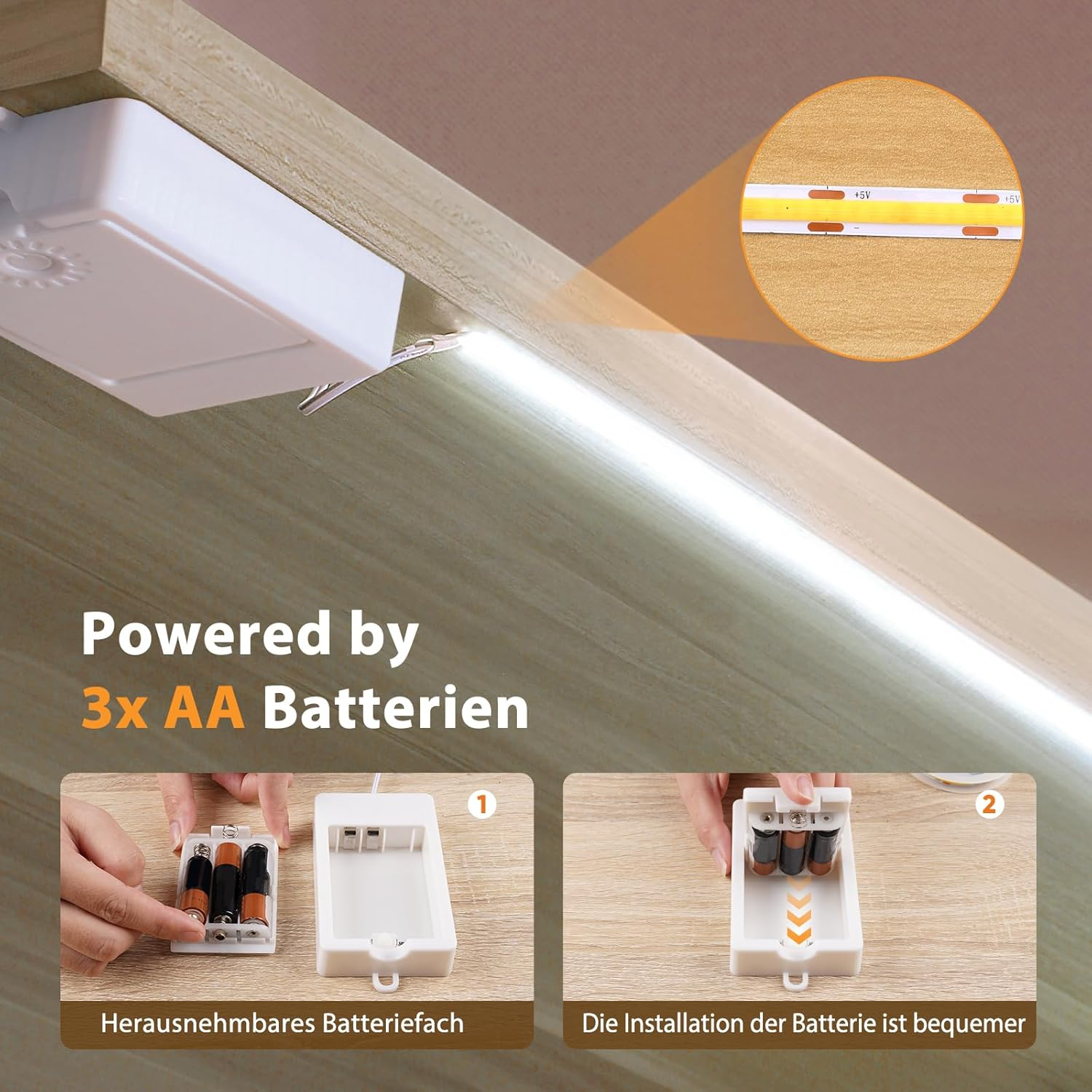 Pack of 3 COB LED Strips, Battery Operated, 1 M 320 LED Strip, 90+ Colour Rendering Efficiency, 6000 K Self-Adhesive Light Strip for Cupboards, Stairs, Beds, Laundry Room image number 6