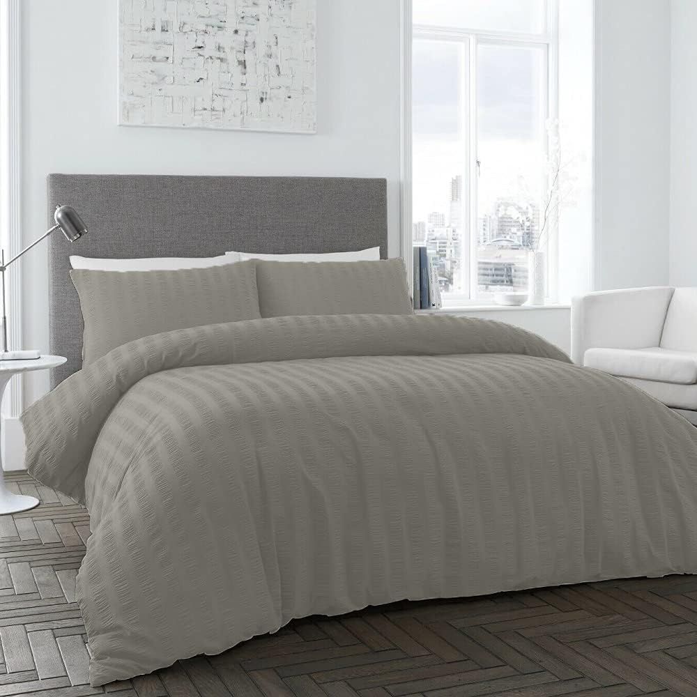 Seersucker Style Striped Quilt Duvet Doona Cover Set Bedding White Grey Pink (Stone Grey, King Single)