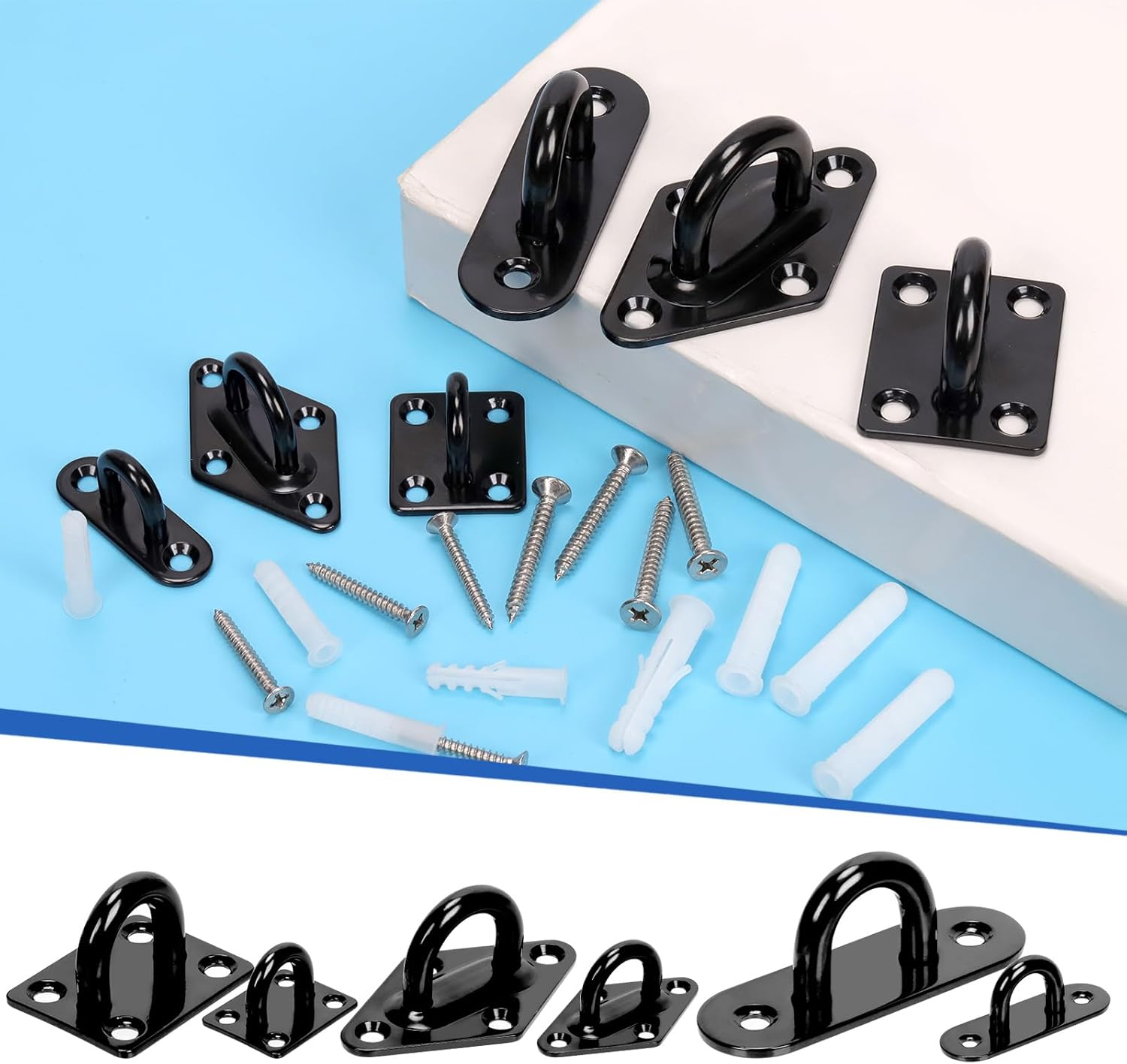 Glarks 36Pcs M8 Stainless Steel Pad Eye Plate Hook Kit, Square Eye Plate U Hooks Heavy Duty Ceiling Hooks and Carabiner Clips Snap Hook for Ceiling and Mounting Hanging Hardware image number 5