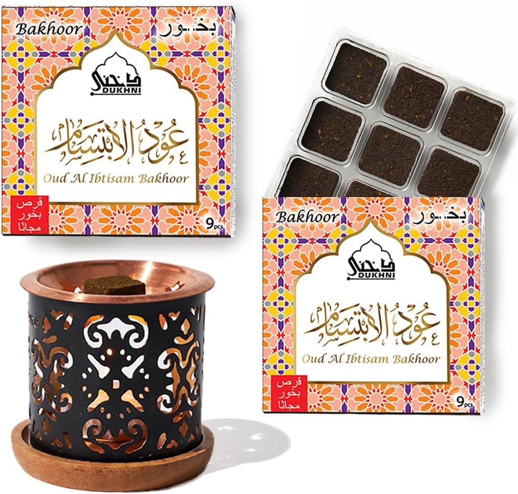 Oud Bakhoor Variety Box & Burner by Dukhni | Arabian Oudh Incense Set with Candle Incense Burner| 20 Pcs Arabic Bukhoor Incense Bricks, 10 Mixed Scents | Islamic, Eid & Ramadan Gifts | Home Fragrance