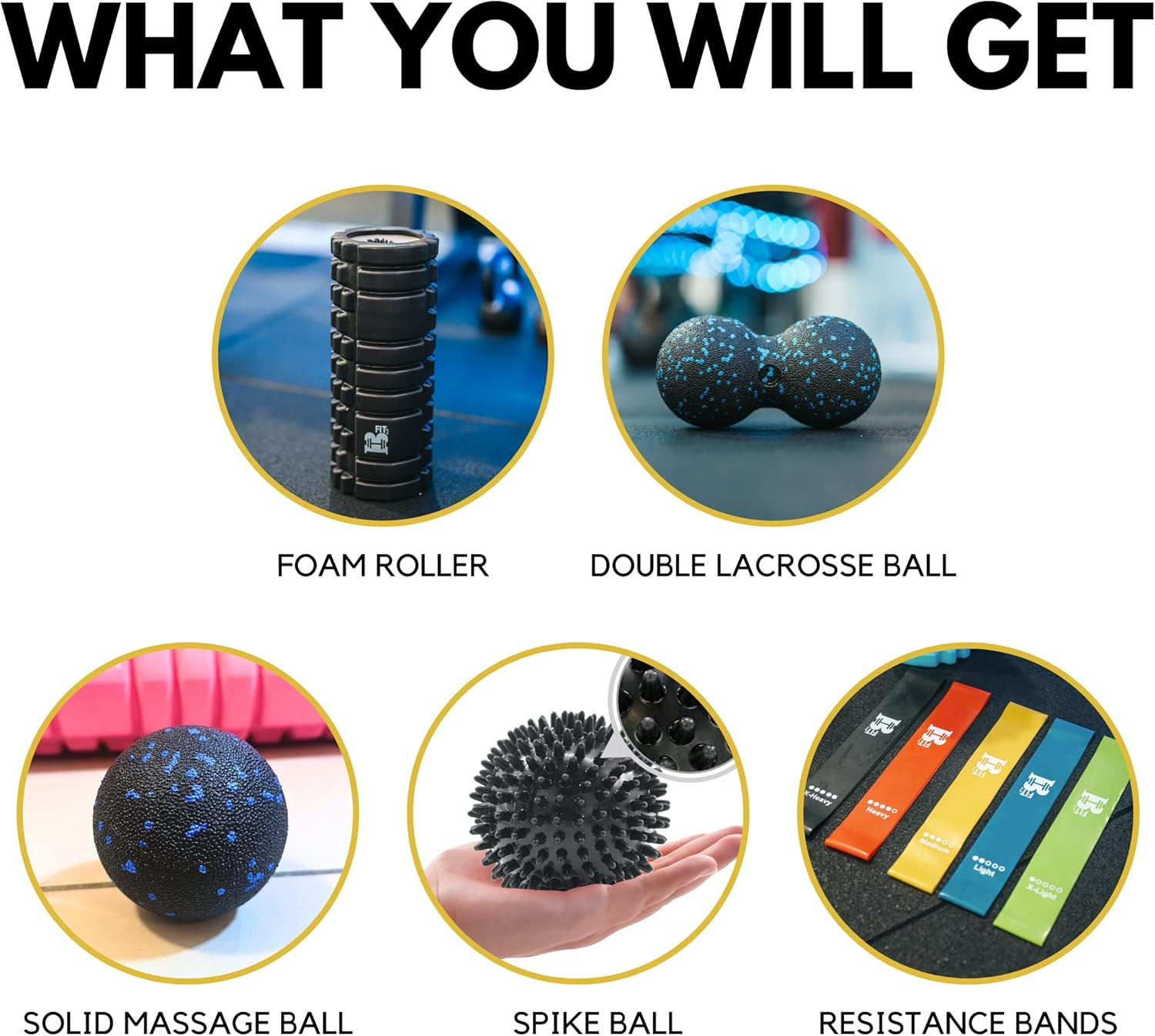 BFIT 9 in 1 Foam Roller Set Includes Massage Roller with 5 Loop Resistance Bands, Solid Massage Ball, Double Lacrosse Peanut and Spikey Trigger Point Ball for Pain, Legs, Yoga & Physical Therapy (Black) image number 2