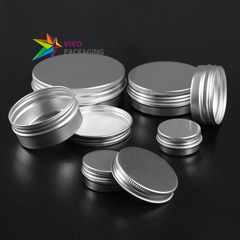 Vivo Packaging Aluminium Tin with Screw Cap, Silver round Tin Containers for Cosmetic Pot, Lip Balm, Creams, and DIY Storage, Small Metal Tins for Travel and Home Use (100 Pcs / 200 Pcs) image number 1