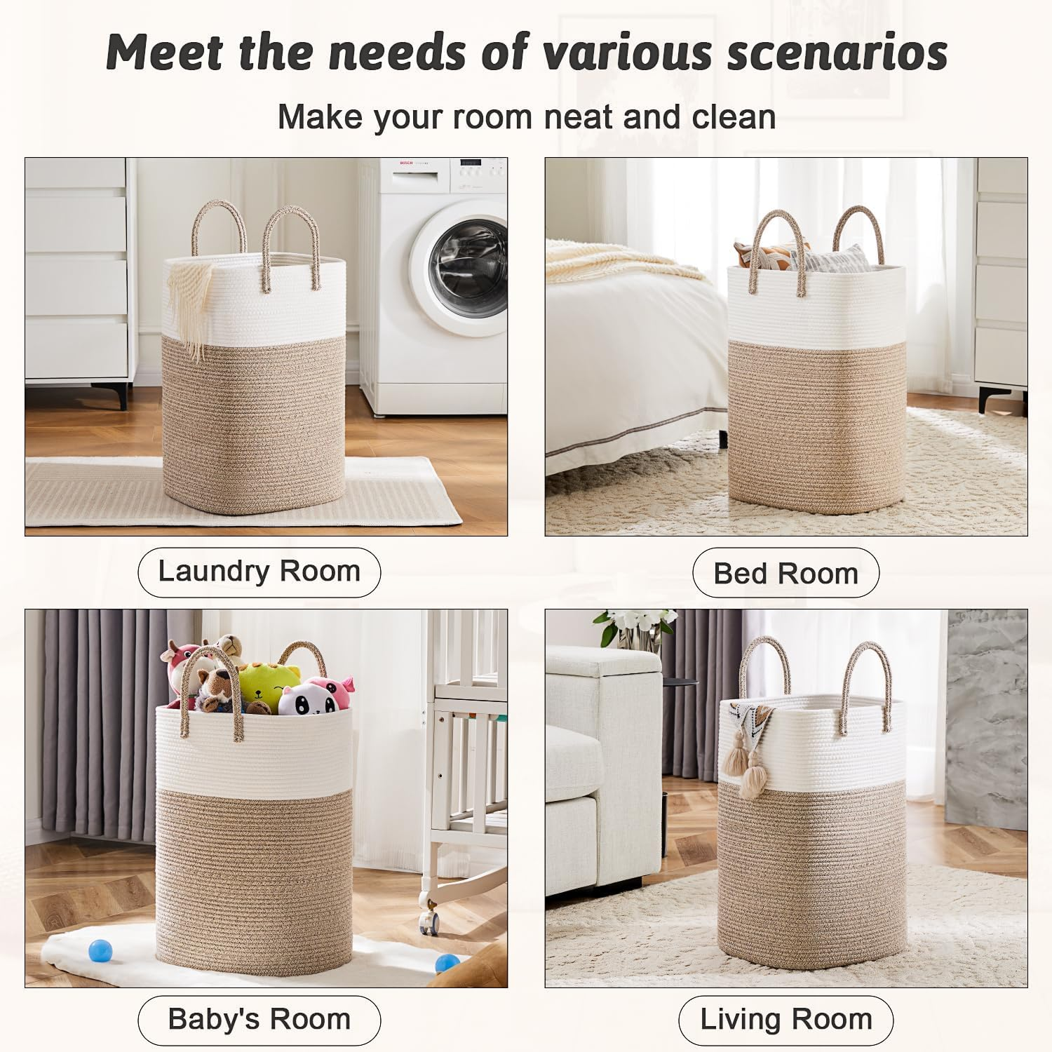 Laundry Basket, Woven Cotton Rope Laundry Hamper, 60L for Decor Storage of Dirty Clothes, Baby Toys and Blankets in Bathroom, Nursery, Baby Room, Bedroom and Living Room image number 2
