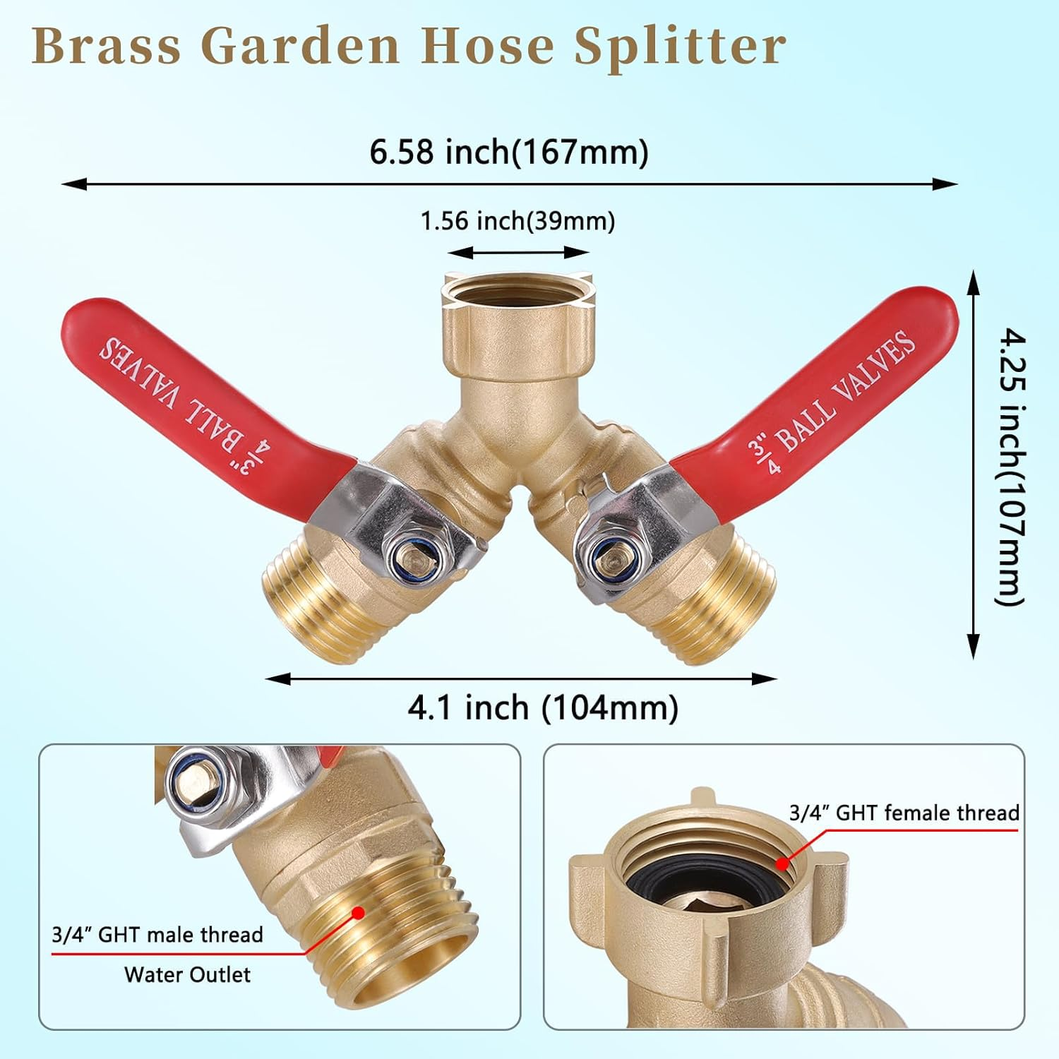 Solid Brass 2 Way Garden Hose Splitter, Full Flow Design with Dual Shut off Valves, Heavy Duty Faucet Connector 3/4" GHT Threads​