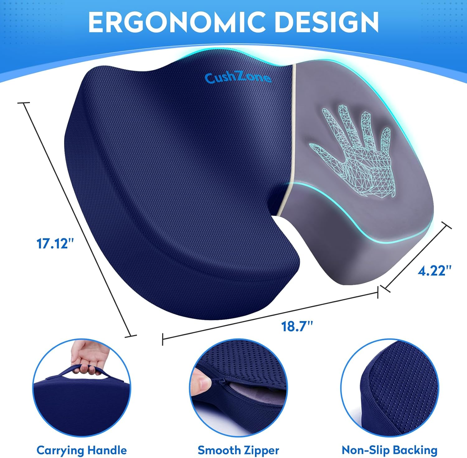 Seat Cushion, Office Chair Cushions, Car Seat Cushion, Non-Slip Sciatica & Back Coccyx Pain Relief Chair Pad, Memory Foam Pillow for Computer Desk, Wheelchair, Driving Large Size (Blue) image number 5