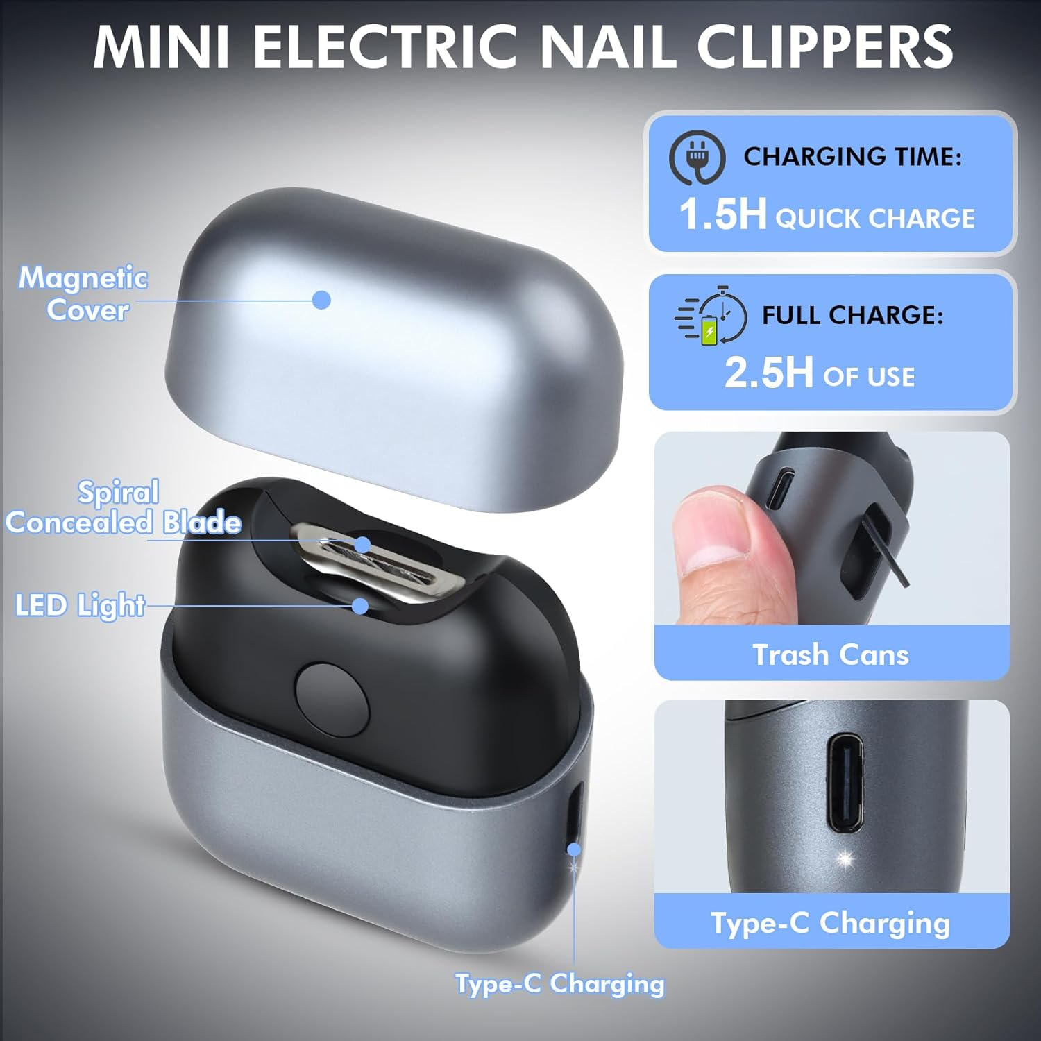 Electric Nail Clipper with Light, Automatic Nail Clipper Rechargeable with 2 Speeds and Nail Chip Storage for Babies, Children, Adults, Caregivers and Seniors - White image number 2