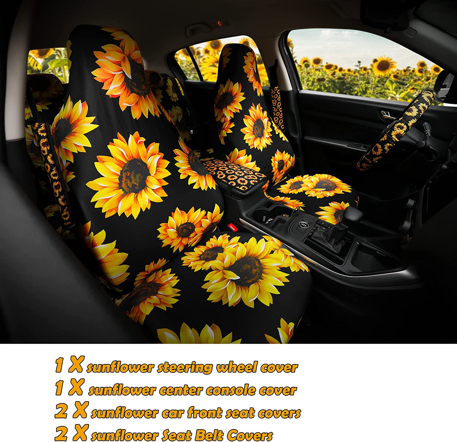 21PCS Sunflower Car Accessories Set, Sunflower Seat Covers, Sunflowers Car Mat, Sunflower Steering Wheel Cover, Universal Console Cover, Seat Belt Shoulder Pads, Keyring, Car Decor&Cup Coaster.