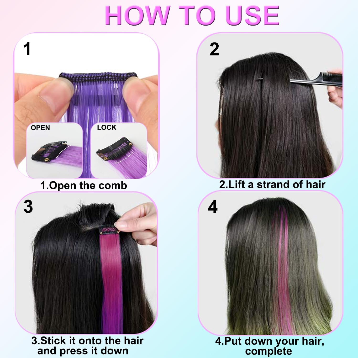 JOOTUEPO 22 PCS Colored Hair Extensions Clips, Colored Clip in Hair Extensions, Colorful Party Highlights Hairpieces Rainbow, Hair Accessories for Kids Girls Women image number 2