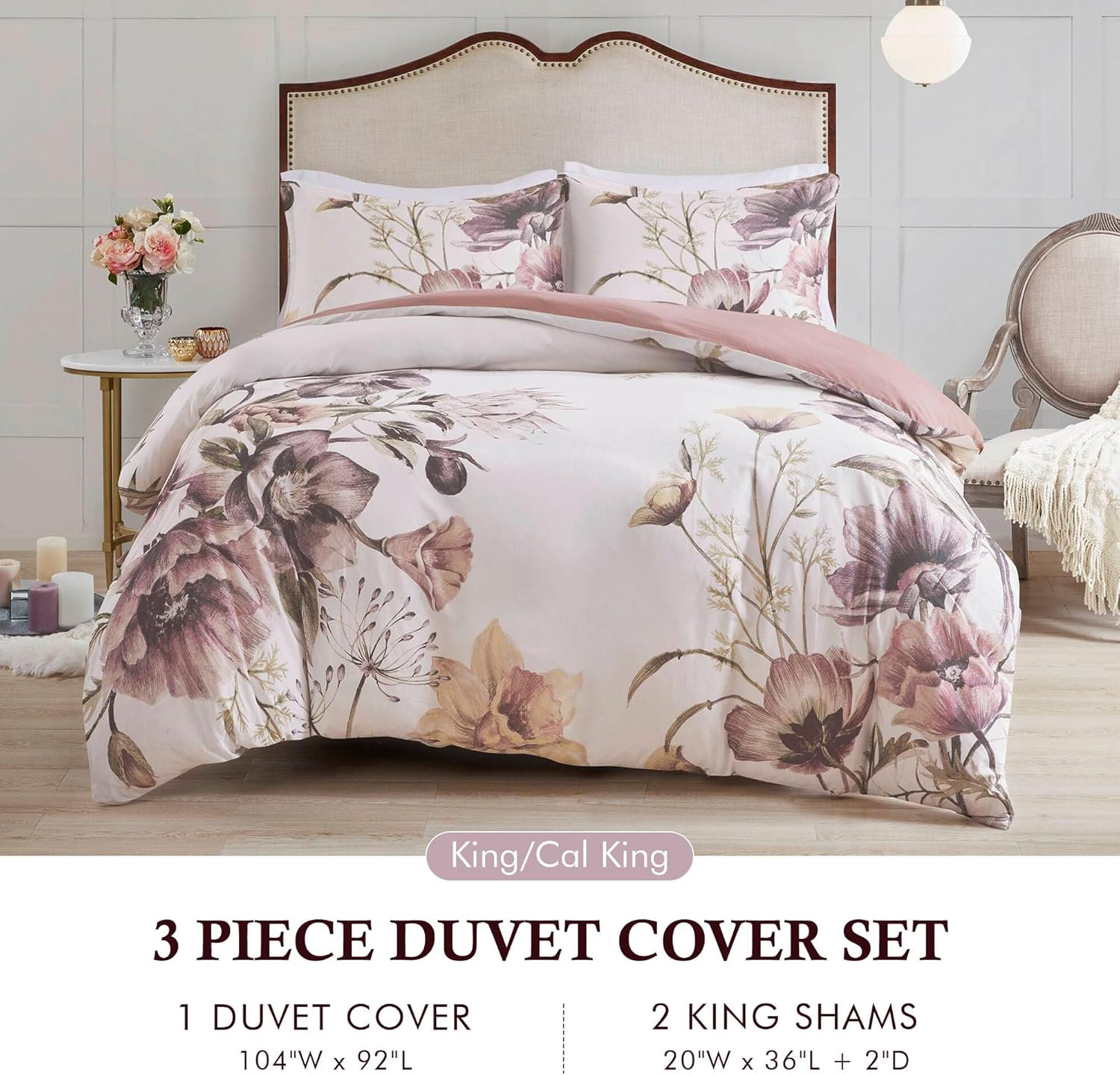 Madison Park Cotton Blend Duvet Set Beautiful Floral Design, All Season, Breathable Comforter Cover Bedding Set, Matching Shams, King/Cal King(104"X92"), Blush 3 Piece image number 2