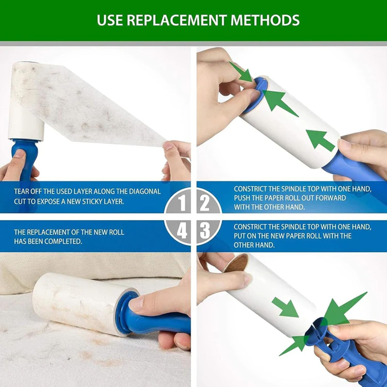 EZONEDEAL Lint Rollers, Pet Dog Cat Hair Remover Clothes Car Dust Cleaning, Pet Lint Sticky Lint Remover for Clothes Furniture, Easy Peel Sticky Hair Clean Roller 1 Handle with 8 Refills image number 4