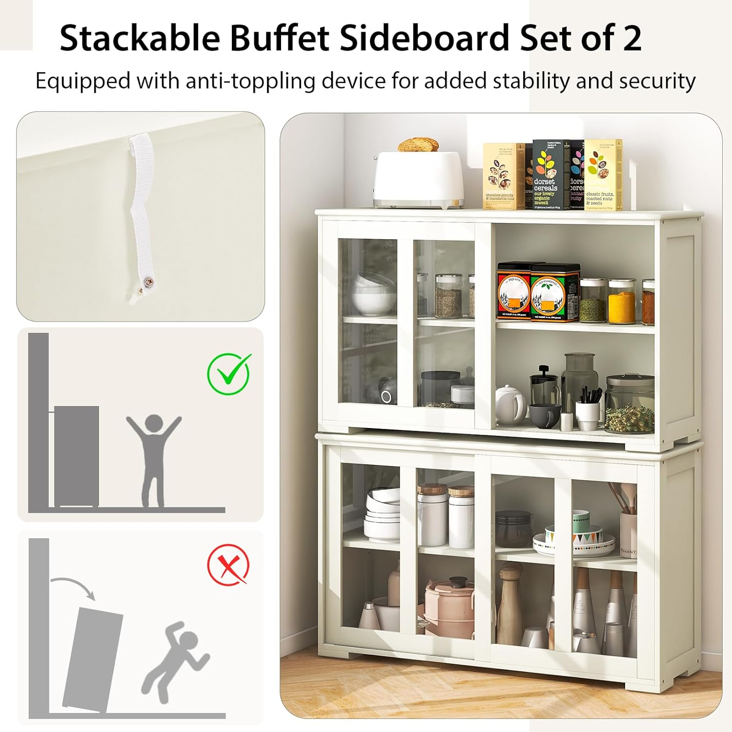 Giantex Kitchen Storage Sideboard, Buffet Storage Cabinet W/Adjustable Shelf, Dining Buffet Server Cabinet Cupboard with Glass Sliding Door Panels, Wooden Console Table for Home Kitchen (Beige) - Black image number 5