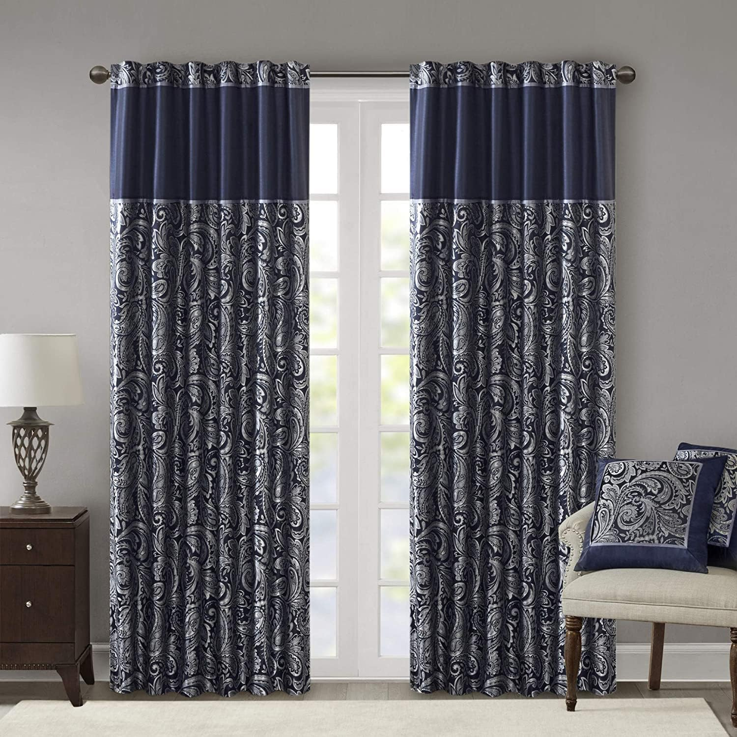 Madison Park Aubrey Faux Silk Paisley Jacquard, Rod Pocket Curtain for Living Room, Kitchen, Bedroom and Dorm, 50 in X 84 In, Taupe/Blue