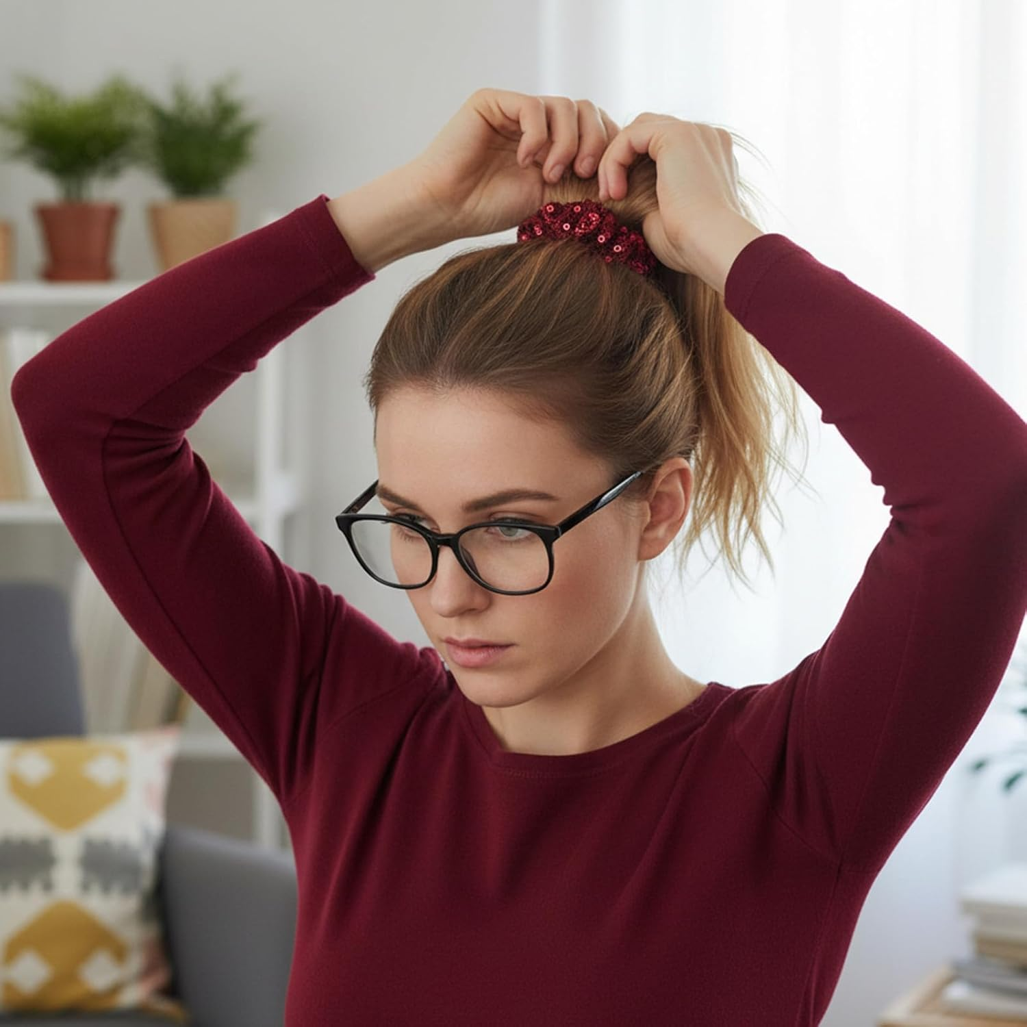 Pack of 2 Glitter Hair Bobbles Women'S Sequin Hair Scrunchies Glitter Red Wine Girls Sparkling Ponytail Holder Sequins Hair Accessories Elastic Hair Bands for Birthday Carnival Theme Party image number 5