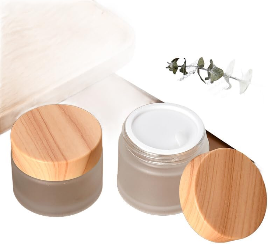 4 PCS Glass Bottles (50G) 50 Gram/Ml Glass Cosmetic Containers with Lids Refillable Matte Cosmetic Cream Jar round Small Lotion Containers with Wood Grain Lid 4 PCS image number 6