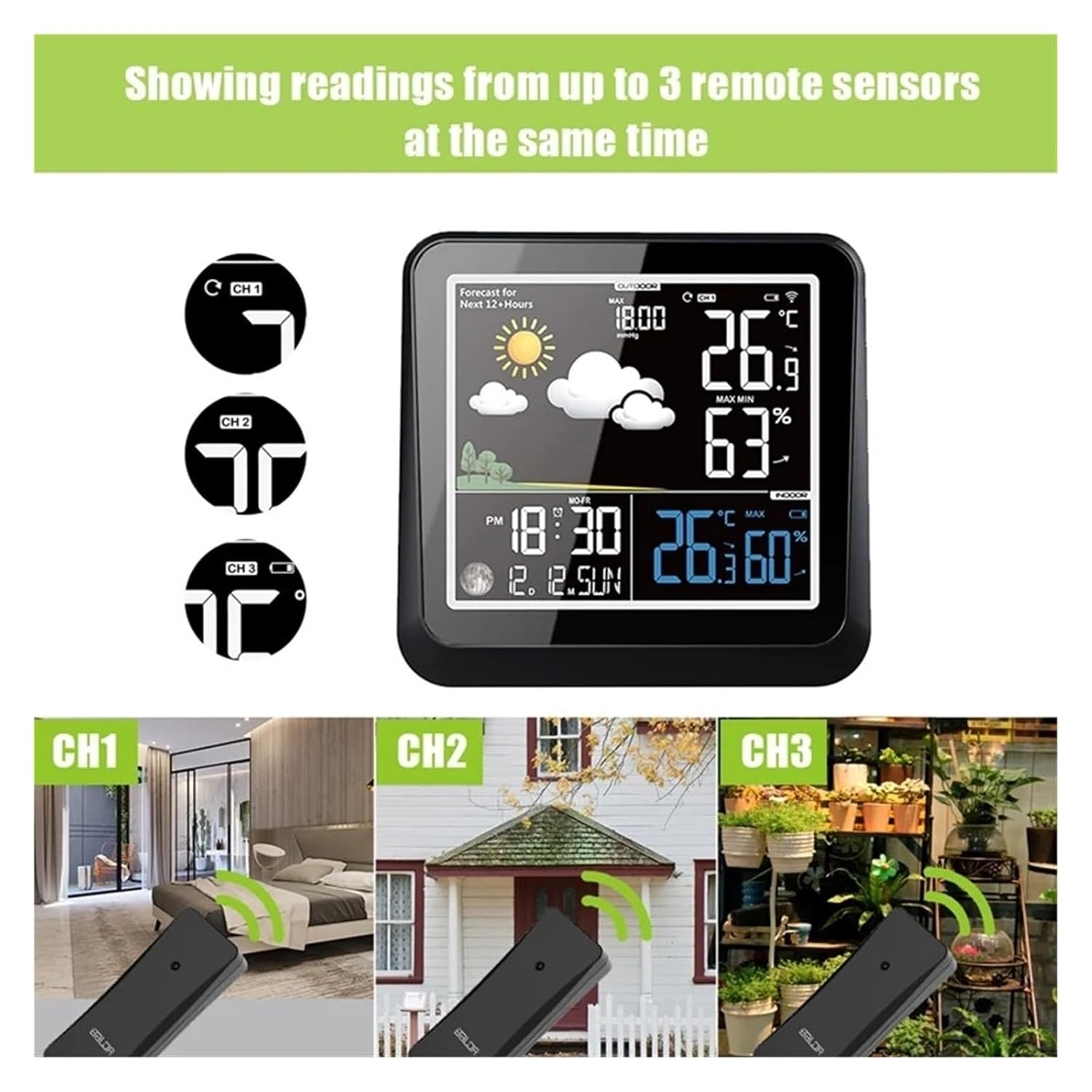Wireless Weather Station Color LCD Screen Thermometer Hygrometer Moon Phase Forecast Sensor Wall Calendar Clock Indicator 3 CH image number 3