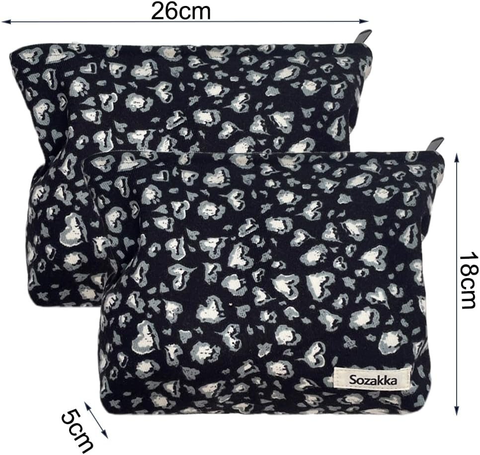 Tcdwla Cosmetic Bag, Pack of 2 Make-Up Bag, Toiletry Bag, Corduroy Small Women, Pencil Pouch, Aesthetic School Stuff for School, Travel, Business, Shopping, Hiking, Black 2, Leopard Tattoo