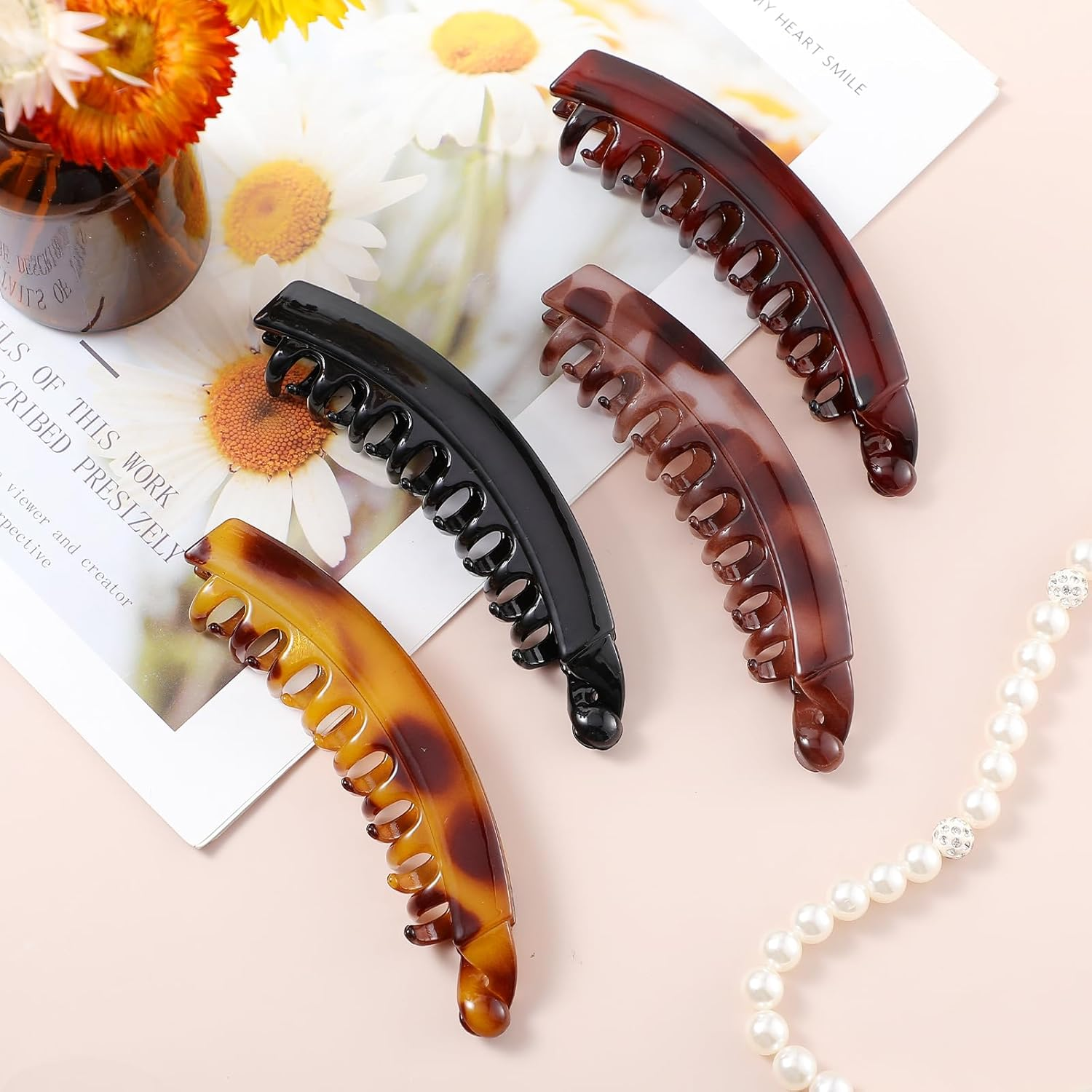 GEEHUA 4Pcs Banana Hair Clips, 5" Large Banana Clip for Thick Hair Strong Banana Claw Clips Big Claw Clips Vintage Stretchy Banana Hair Clip Banana Combs Bow Hair Accessories Gift image number 2