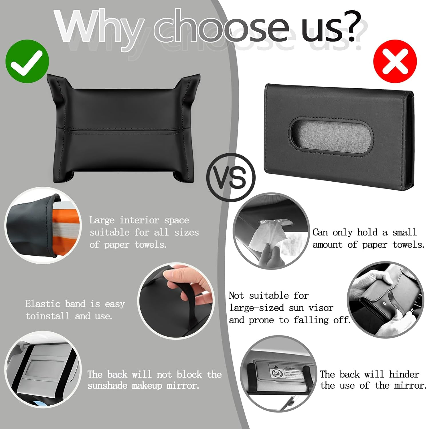 2Pcs Car Tissue Holder, Soft PU Leather Sun Visor Tissue Holder, Napkin Dispenser for Car (Black+White) - Black+White image number 2