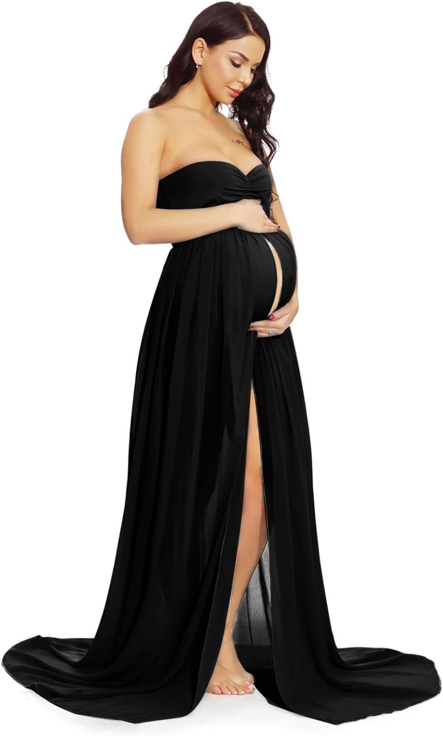ZIUMUDY Maternity Chiffon Strapless Maxi Photography Dress Split Front Gown for Photoshoot