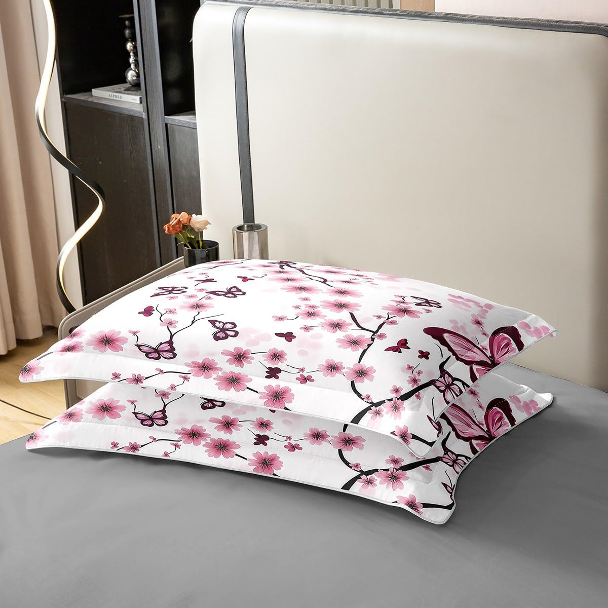 Homewish 100% Cotton Cherry Blossom Duvet Cover, Spring Elegant Flowers Butterfly Bed Linen Set 220 X 240 Cm for Girls Women Girls Japanese Style Bed Set, Botanical Flowers Duvet Cover, Pink Purple image number 4