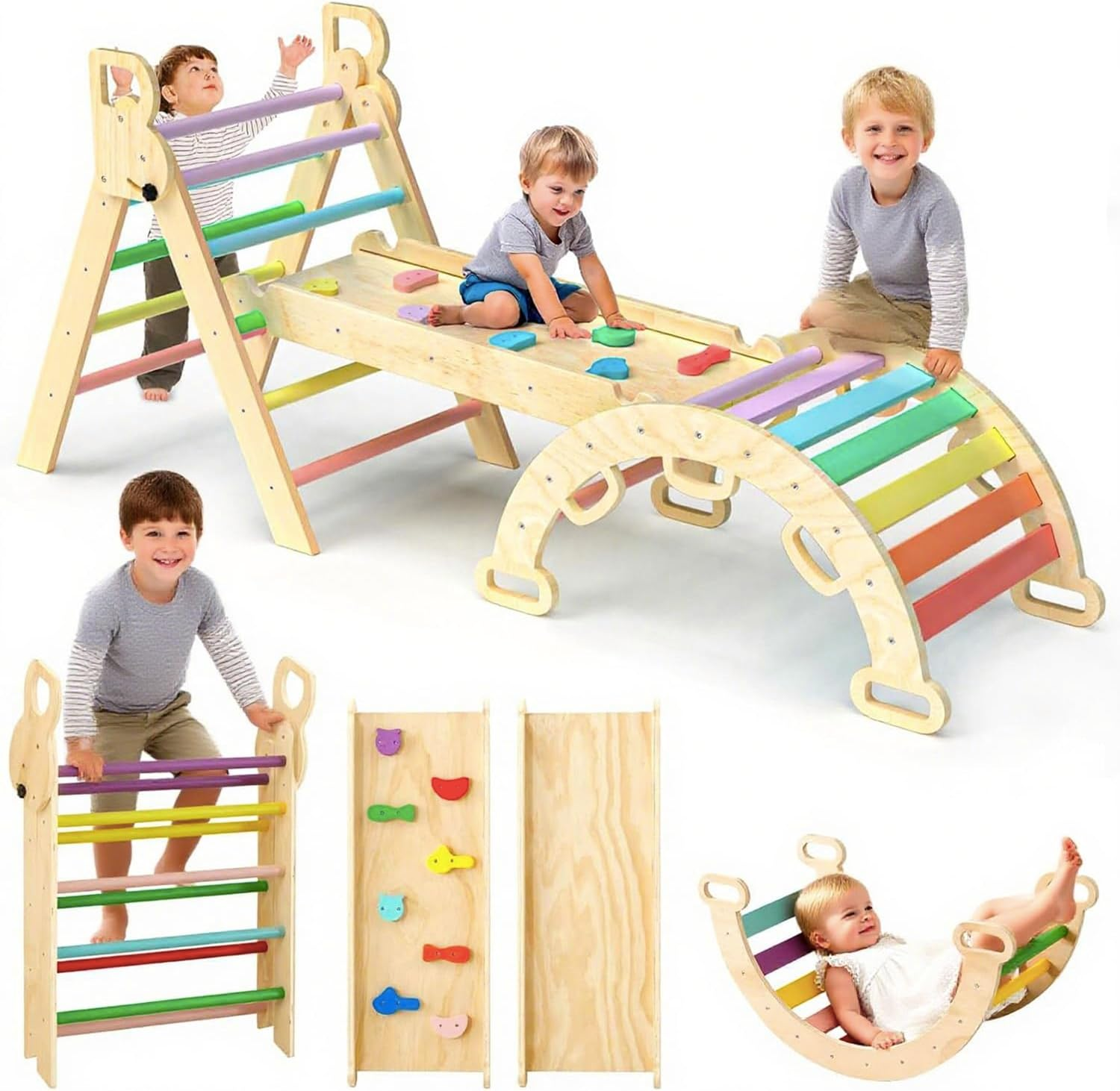 Pikler Triangle Set 7In1 Foldable Baby Climbing Toys Wooden Montessori Climbing Set with Arch&Ramp&Ladder Baby Climber Indoor Jungle Gyms for Toddlers Montessori Toys - Rainbow (Rainbow) image number 2