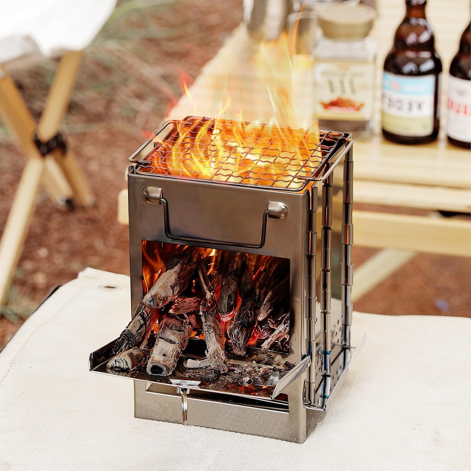 Wood Burning Camp Stove Folding Stainless Steel, Portable Fire Pit Camping Wood Stove with Grill for Hiking Cooking Picnic BBQ (Medium) image number 6