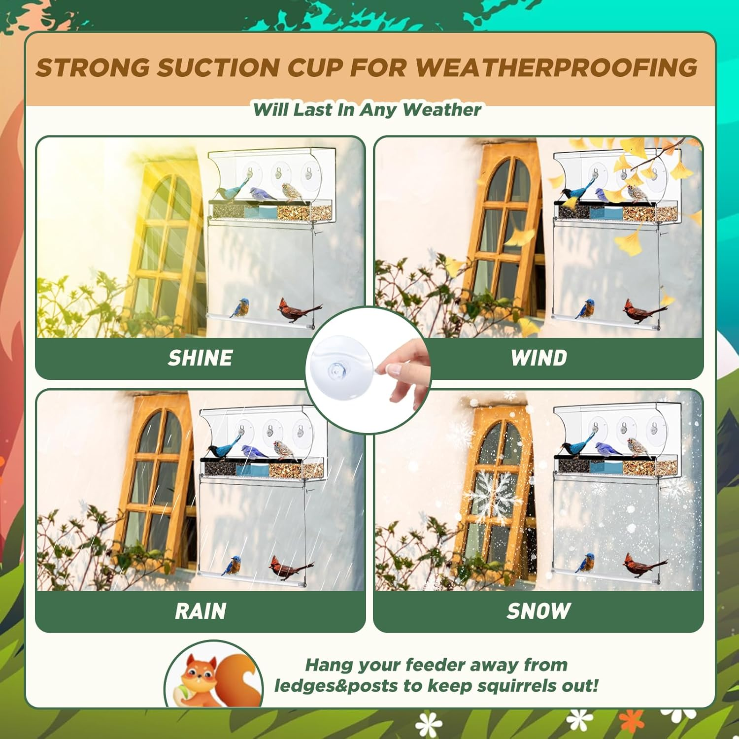 SUSOO Window Bird Feeder for Outdoors with Interactive Swing Perch Toy, Acrylic Clear Feeder with 3 Large Capacity Detachable Seed & Water Tray and Suction Cups,For Watching Wild Birds in Garden &Yard image number 1