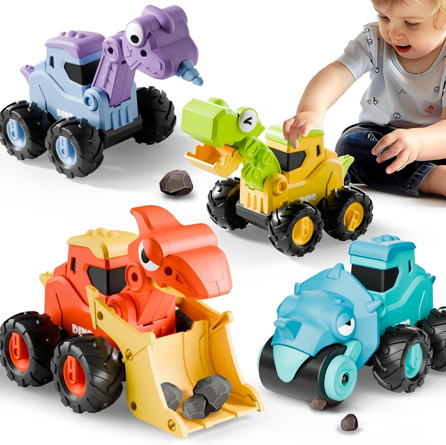 Dinosaur Truck Toys for Toddlers, Boys Dino Press Go Racing Cars, Kids Construction Sandbox Vehicles Playset, Baby Push Go Friction Car Set image number 3