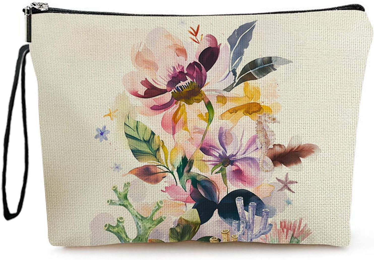 Botanical Flower Makeup Bags for Purse Zipper Cosmetic Pouch Large Travel Canvas Make up Organizer Tool Pouch for Women and Girls