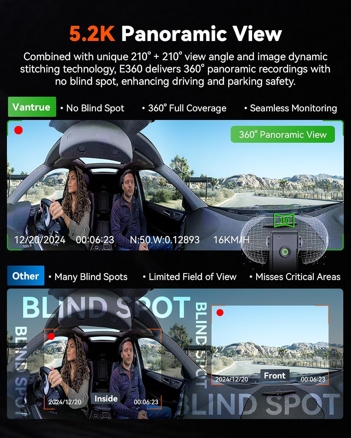 Vantrue E360 5.2K 360&deg; Panoramic Dash Cam, 5Ghz Wifi&Gps, Dual STARVIS 2, HDR,8 IR Night Vision, Front and inside Dash Camera, Voice Control, Touchscreen, 24/7 Buffered Parking Mode, Support 512GB Max image number 4