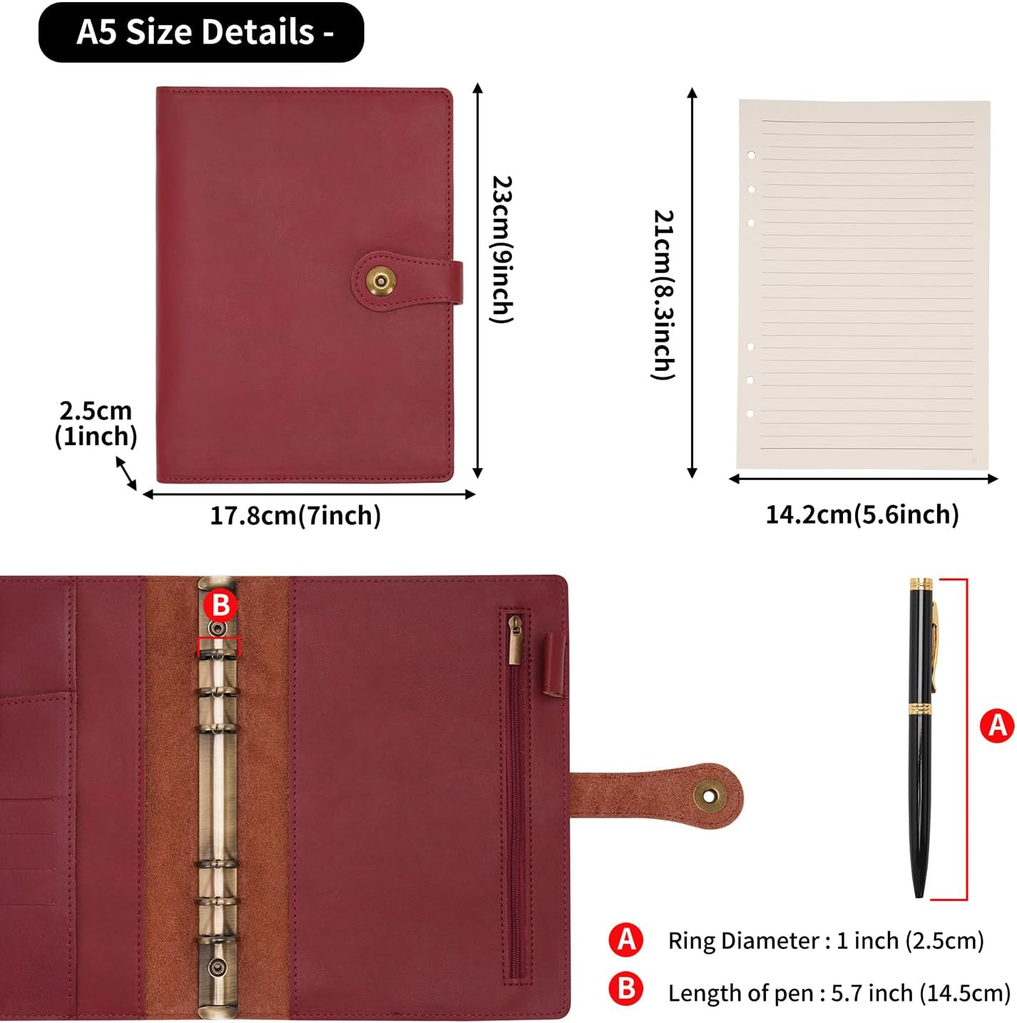 Wonderpool A5 Binder Journal Leather Spiral Notebook Refillable College Ruled Paper, Budget Binder Rings Diary Organizer with Pen for Office School Travel Business Planning Writing (Wine Red,A5) image number 3
