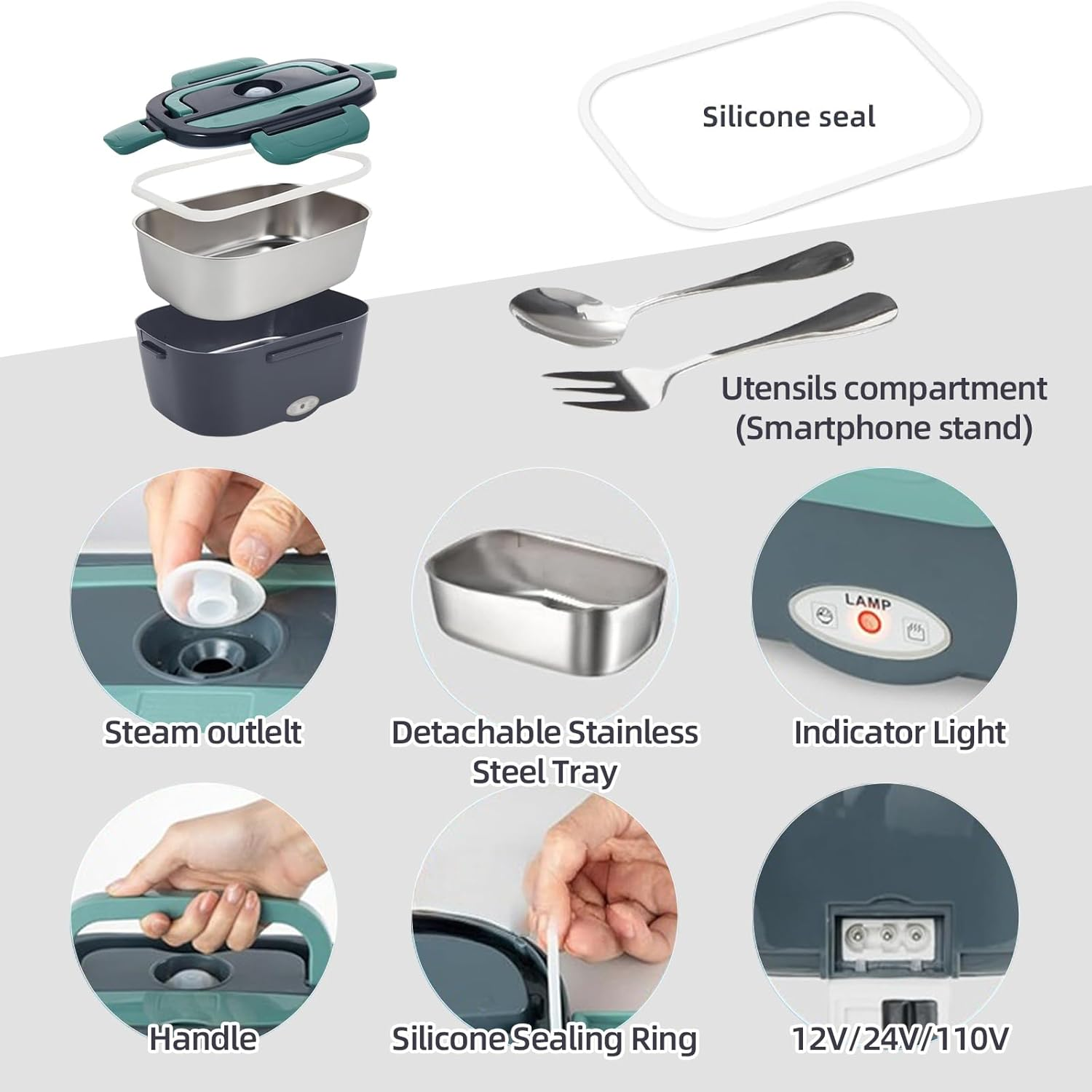 Stusgo Electric Lunch Box Warmer Heated Lunch Box, 60W, Leak Proof with 304 Stainless Steel Container & Spoon, AU Socket 220V 12V 24V, 3 in 1 Portable Food Warmer for Car, Home, Office, School(Green) image number 1