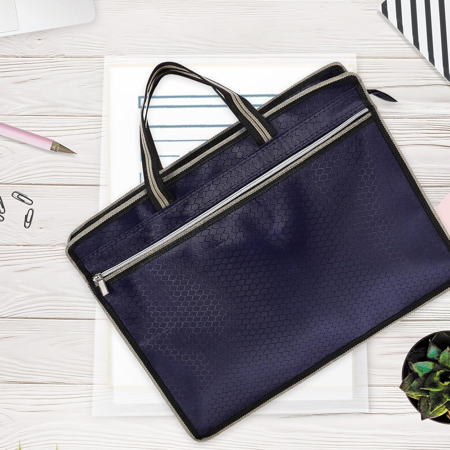 ELAYARD A4 Oxford Cloth File Pouch Double Zipper Canvas Document Holder Portable Office Folder with Pockets Navy Blue for Document Storage and Travel