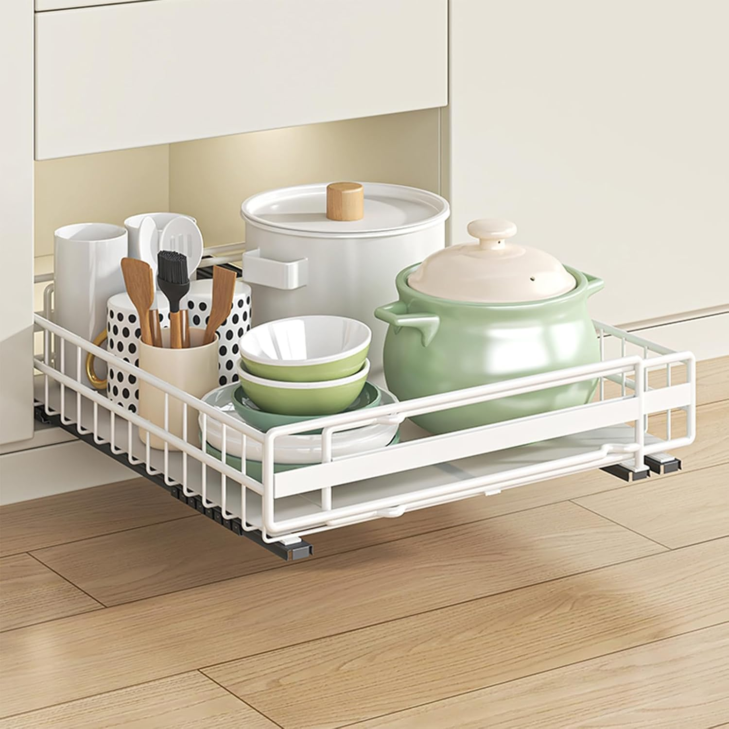 TOJUNE Pull Out Cabinet Organizer, Adjustable Expandable 3-Slide Rails Drawers, Self Adhesive/Punch with Nano Film for Kitchen, Pantry, Shelves Storage, Living Room, Bathroom (White, Large) image number 6