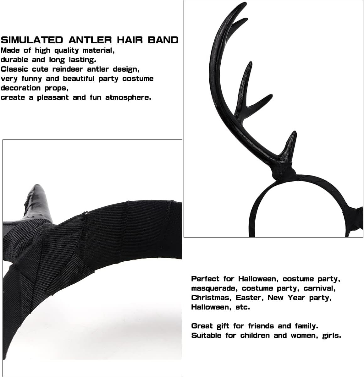 FERCAISH Reindeer Antler Headband, Black Deer Horn Elk Headband Headpiece for Christmas Party, Large Antler Ears Hairband image number 6