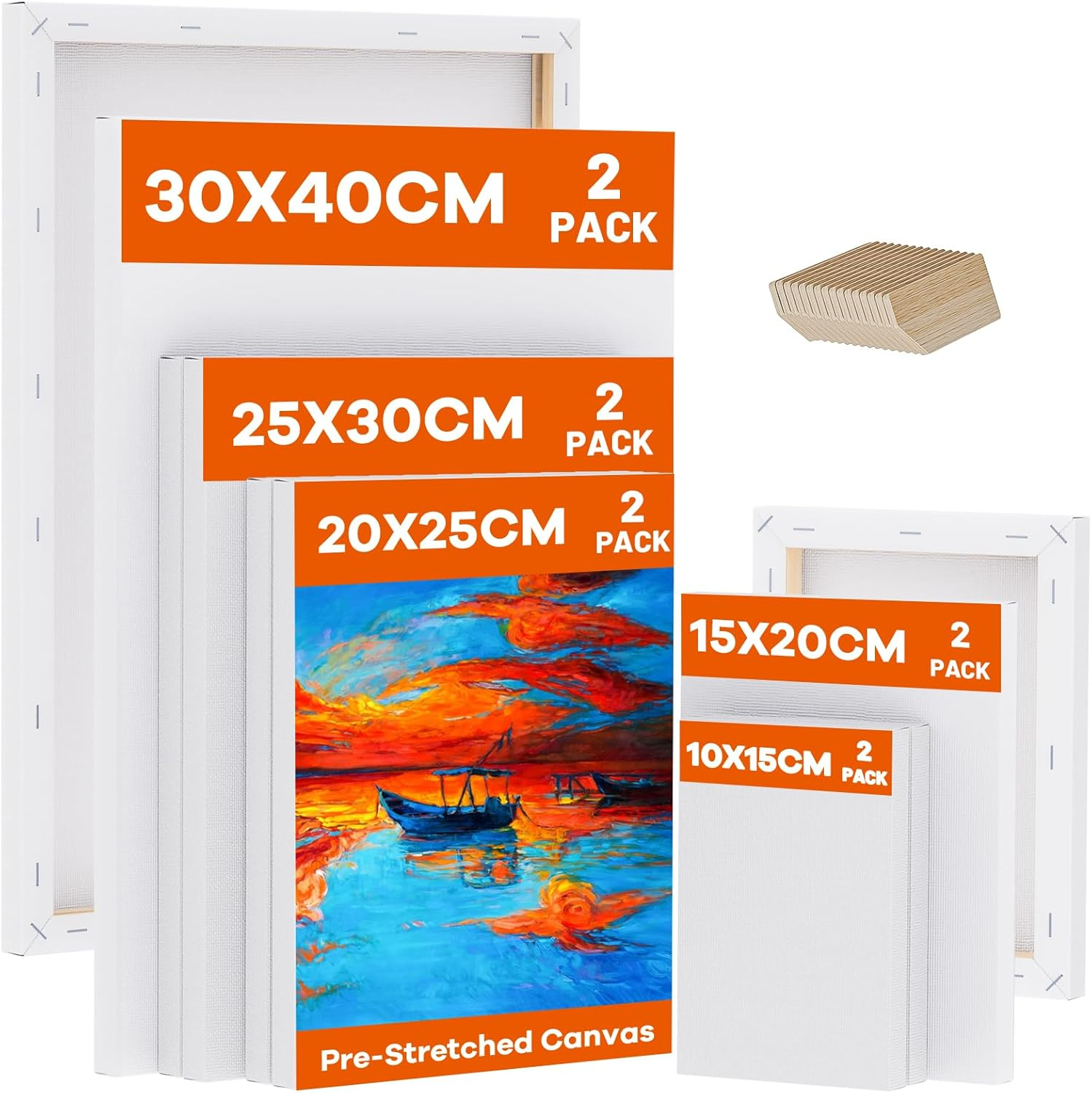Koncci Stretched Canvas for Painting, 10 Packs Multiple Sizes Canvases Set, 10X15, 15X20, 20X25, 25X30, 30X40Cm, 280GSM Stretched Wooden Canvas Frames for Acrylic Oil Watercolor, Artist & Beginner