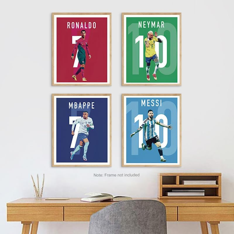 ZIENVE Soccer Canvas Poster Set &ndash; 6 Prints Featuring Messi, Ronaldo, Mbappe & Neymar &ndash; Football Superstars Sports Wall Art Decor for Boys&rsquo; Bedroom &ndash; 20X25Cm Unframed image number 1