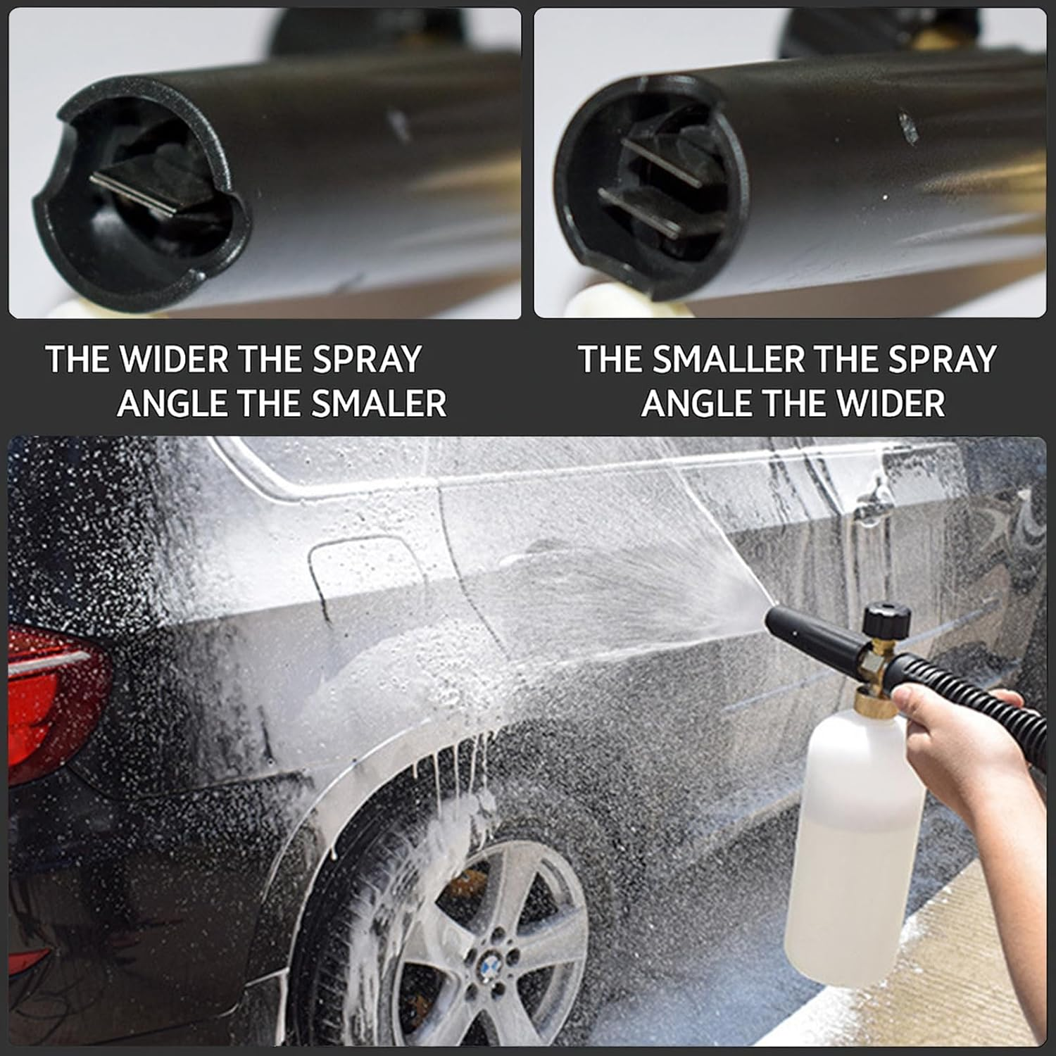 Car Wash Foam Sprayer, Adjustable Foam Cannon with 360&deg; Rotating Nozzle, Quick-Connect & Soap Dial for Thick Suds, Cars, Windows, Roof Cleaning, 1L