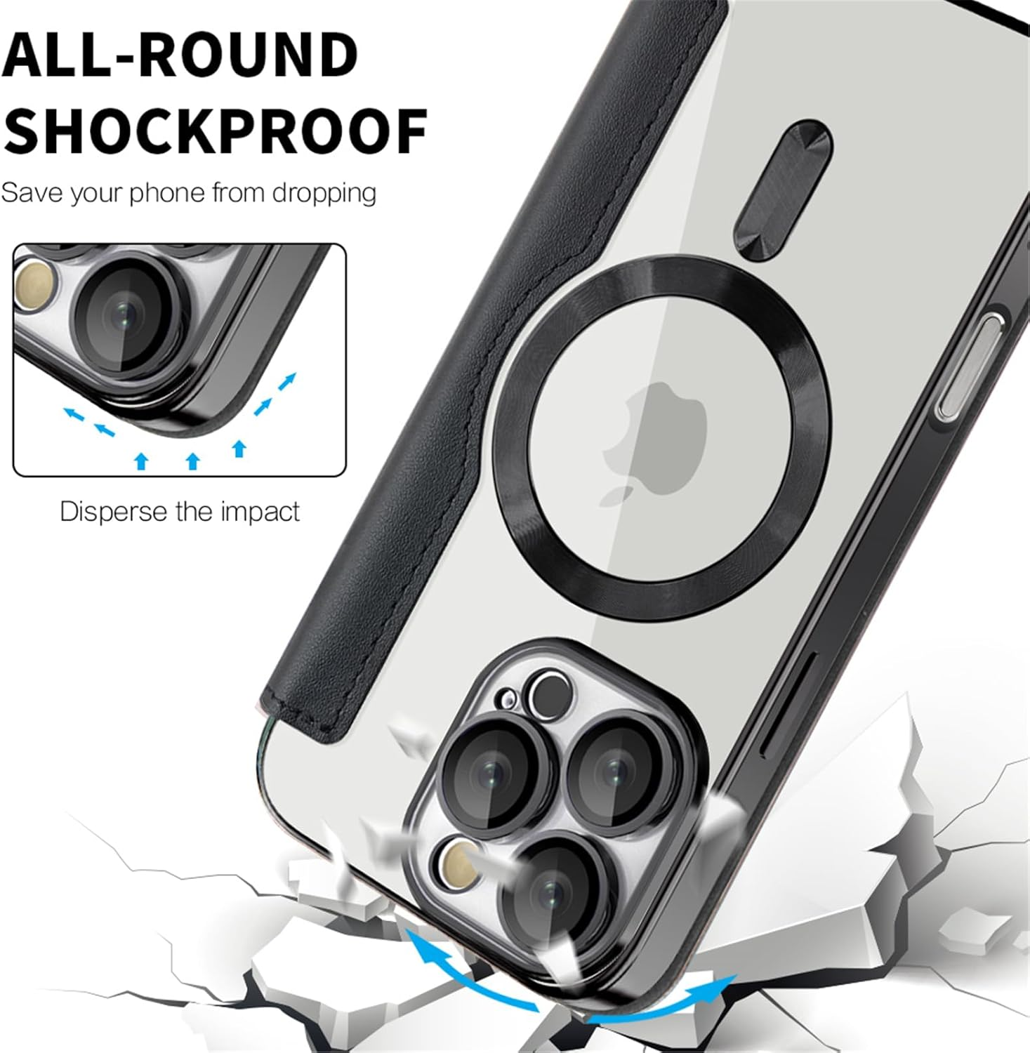 QIWEIQING Magnetic Case for Iphone 13 Pro Max, Compatible with Magsafe, PU Leather Flip Wallet with Card Slot, Transparent Back Mobile Phone Case for Iphone 13 Pro Max, Black JDC image number 4