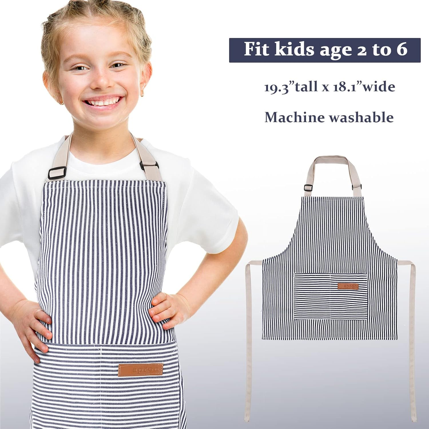Jiuguva 2 Pack Kids Apron Adjustable Chef Apron Cotton Toddler Stripe Apron Cooking Aprons with 2 Pockets for Children Baking image number 4