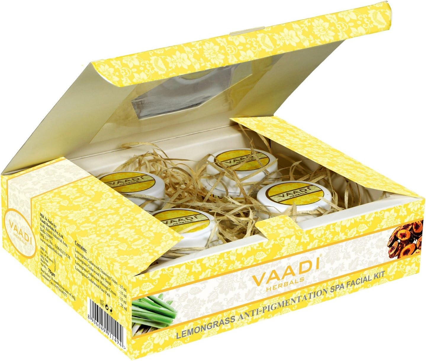 Vaadi Herbals Organic Facial Kit (Cleansing Cream + Face Scrub + Massage Cream + Face Pack ) - Lemongrass anti Pigmentation Spa Facial Kit with Cedarwood Extract - anti Aging Skin Care Acne Kit- Reduce Wrinkles under Eye Dark Circles - Sulfate Free - for Men Women All Skin Types - All Natural 70 Gms image number 2